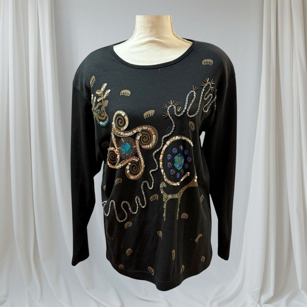 Christina Vintage 80s Beaded Sequin Sweater Black Blue Ramie Cotton